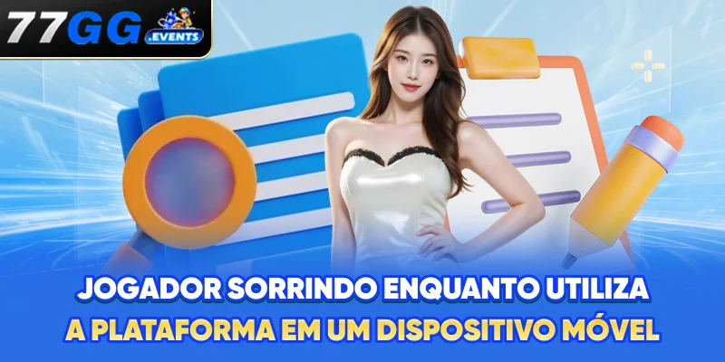 Jogador sorrindo enquanto utiliza a plataforma em um dispositivo móvel